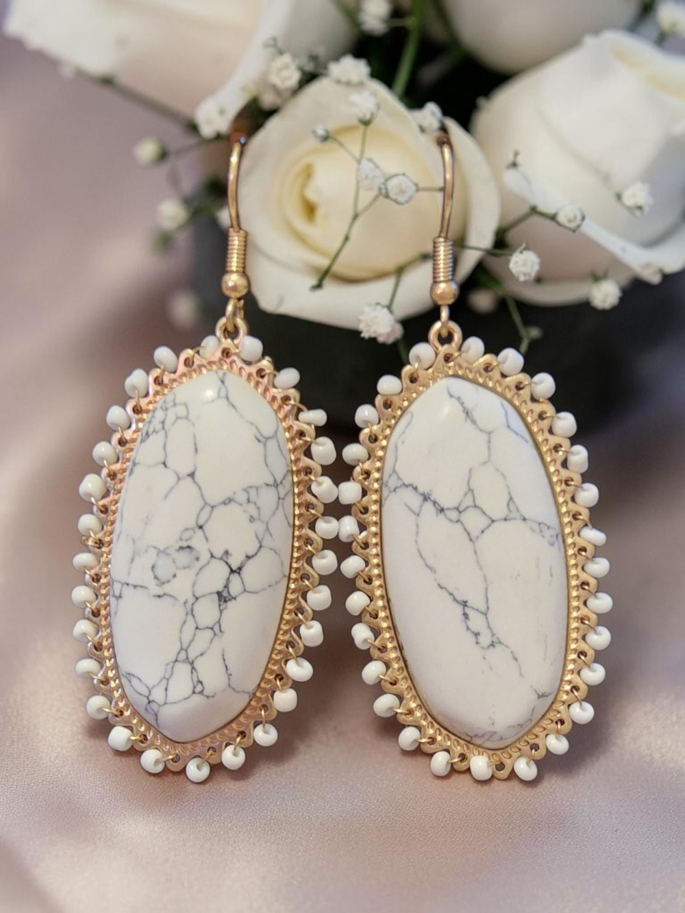 White Howlite Oval Drop Earrings with Gold Frame